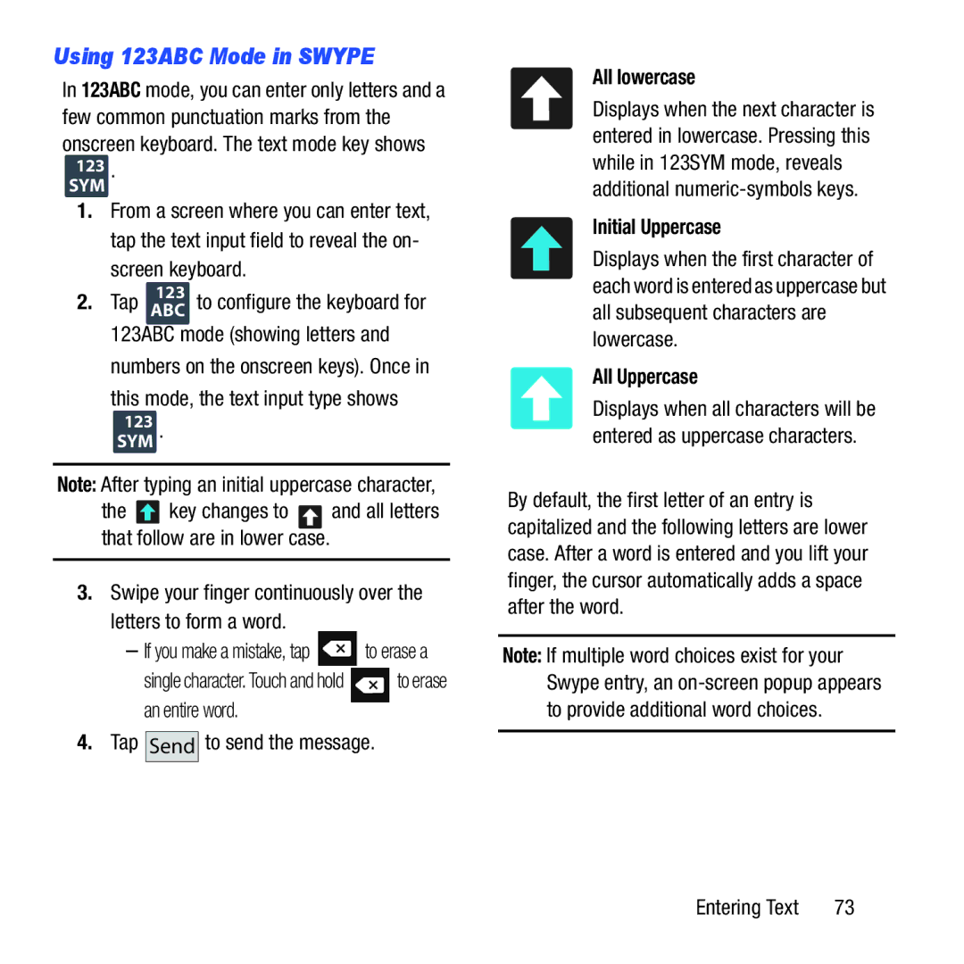 Samsung GH68-37463A user manual Using 123ABC Mode in Swype, All lowercase, Initial Uppercase, All Uppercase 