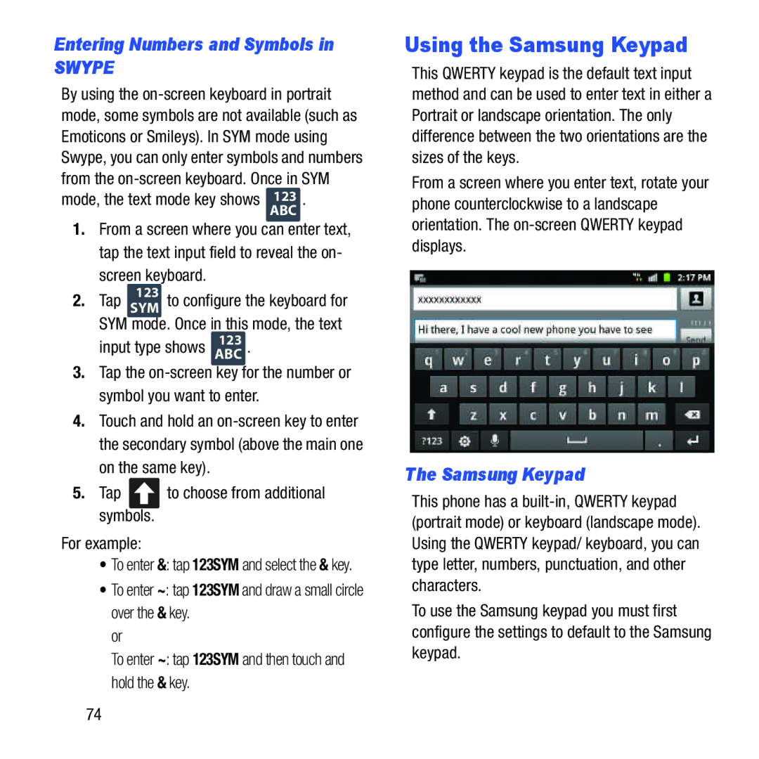 Samsung GH68-37463A user manual Using the Samsung Keypad, Entering Numbers and Symbols 