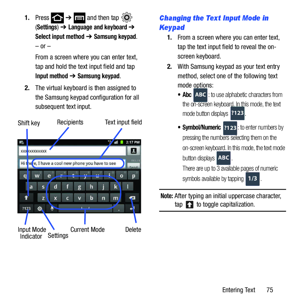 Samsung GH68-37463A Changing the Text Input Mode in Keypad, Shift key Recipients, Current Mode, Indicator Settings 