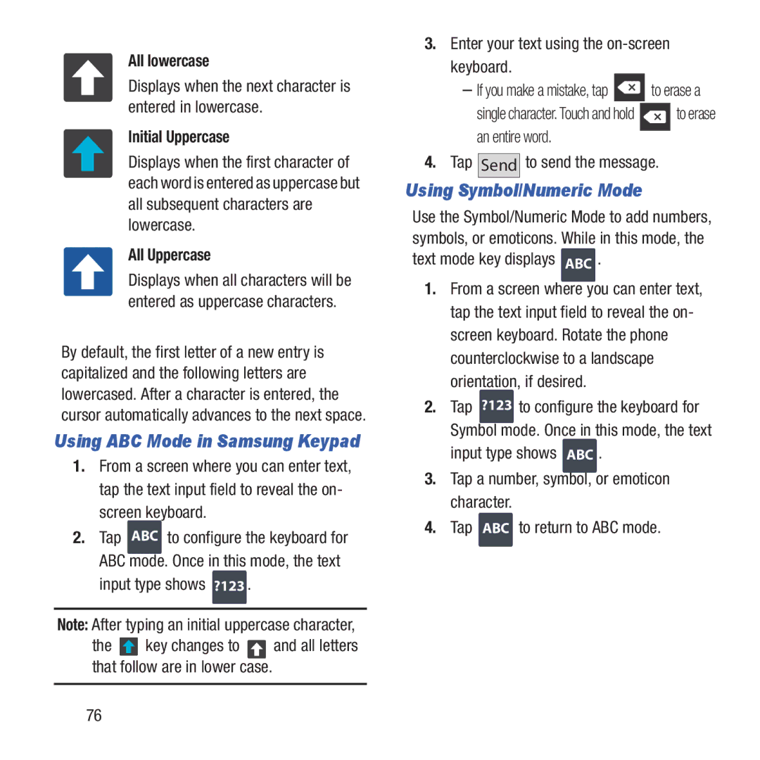 Samsung GH68-37463A user manual Using Symbol/Numeric Mode, Using ABC Mode in Samsung Keypad 