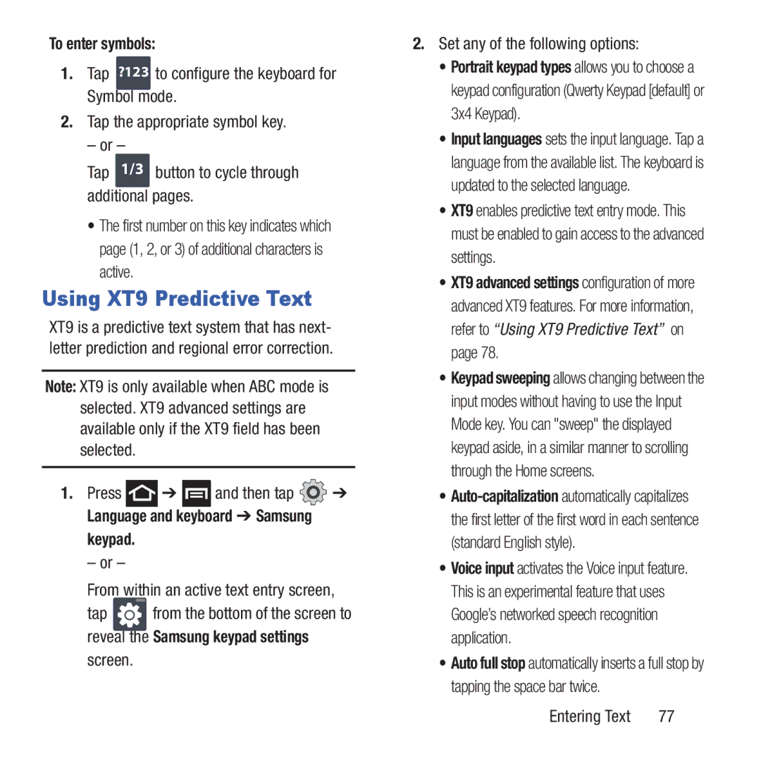 Samsung GH68-37463A user manual Using XT9 Predictive Text, To enter symbols, Keypad 