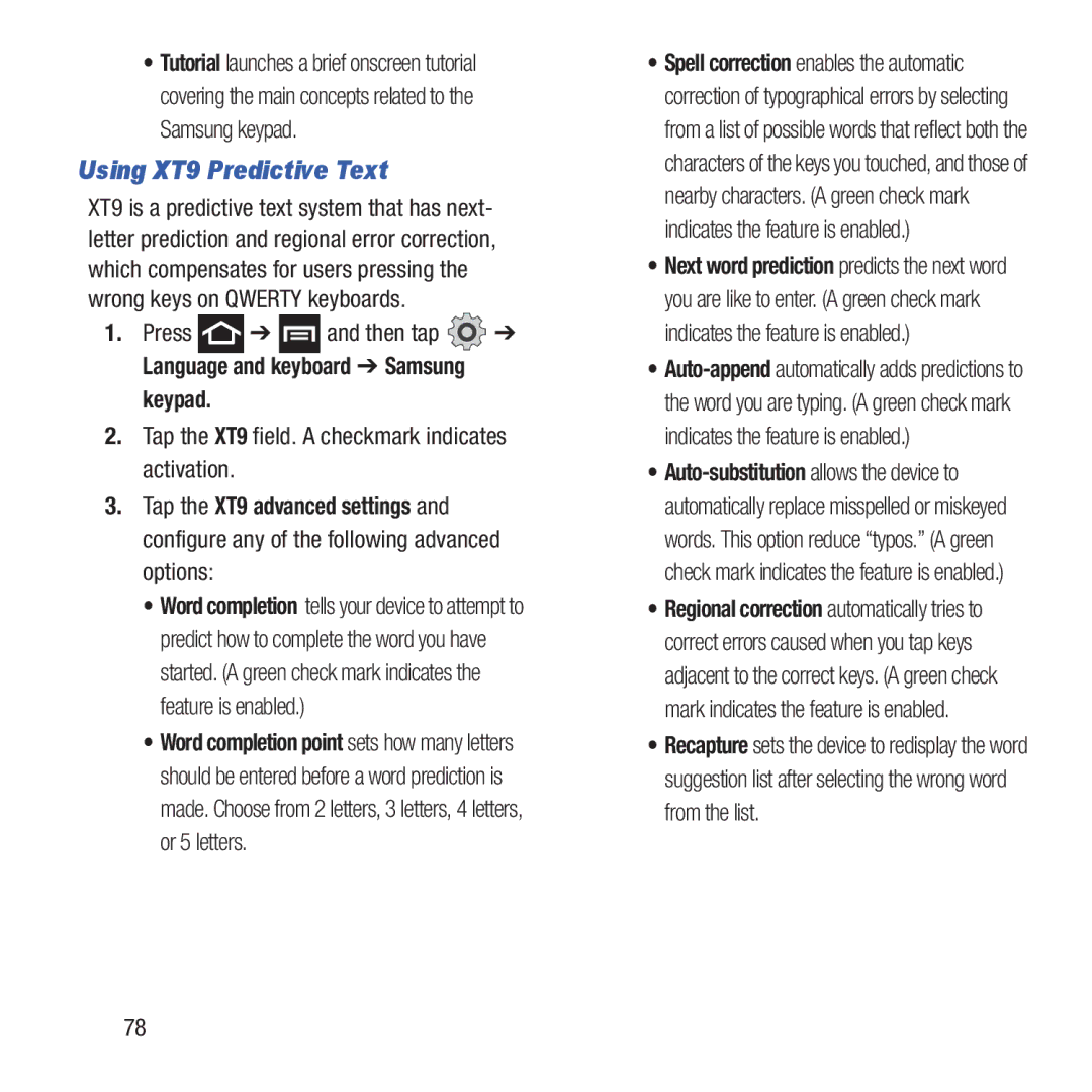 Samsung GH68-37463A user manual Using XT9 Predictive Text, Tap the XT9 field. a checkmark indicates activation 