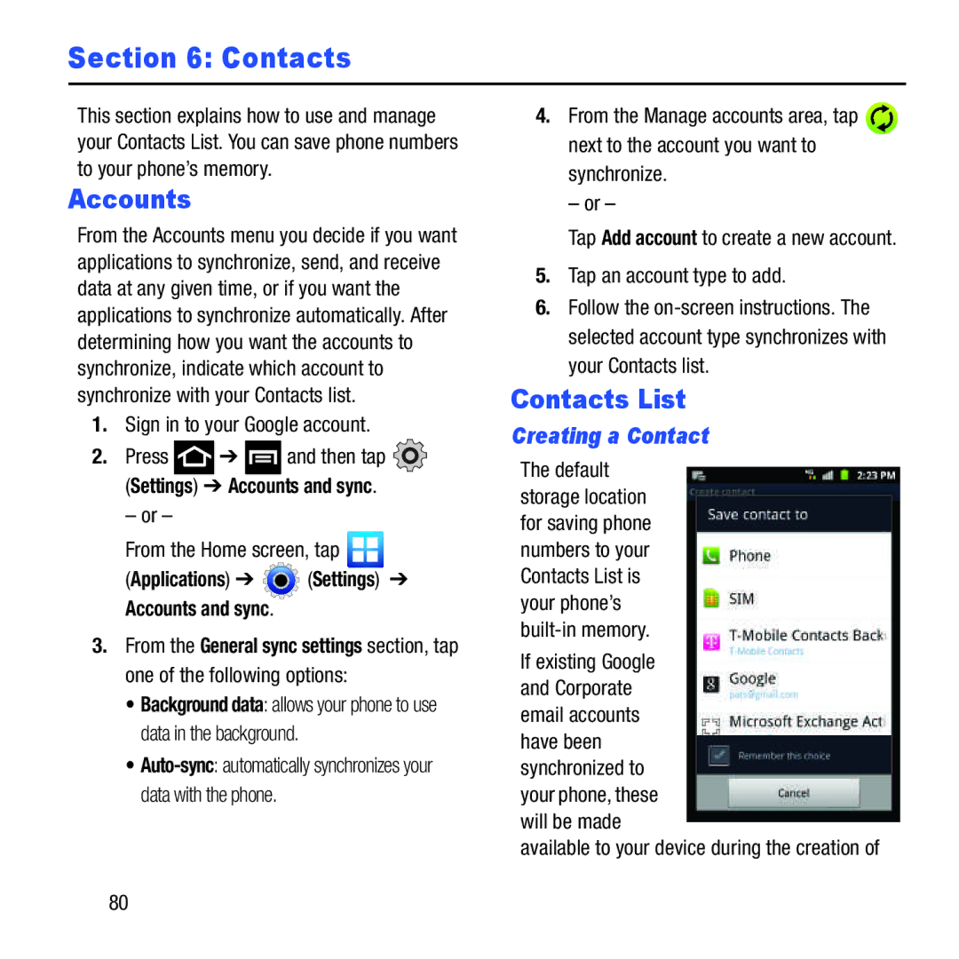 Samsung GH68-37463A user manual Accounts, Contacts List, Creating a Contact 