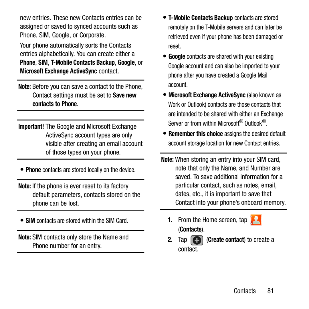 Samsung GH68-37463A user manual Contacts to Phone, Tap Create contact to create a contact 