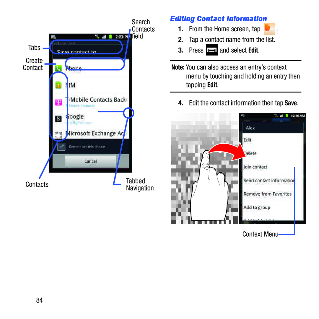 Samsung GH68-37463A user manual Editing Contact Information, Tabs Create Contact Contacts Tabbed 