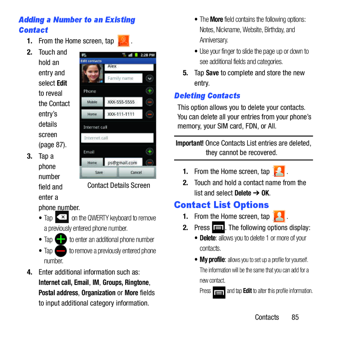 Samsung GH68-37463A user manual Contact List Options, Adding a Number to an Existing Contact, Deleting Contacts 