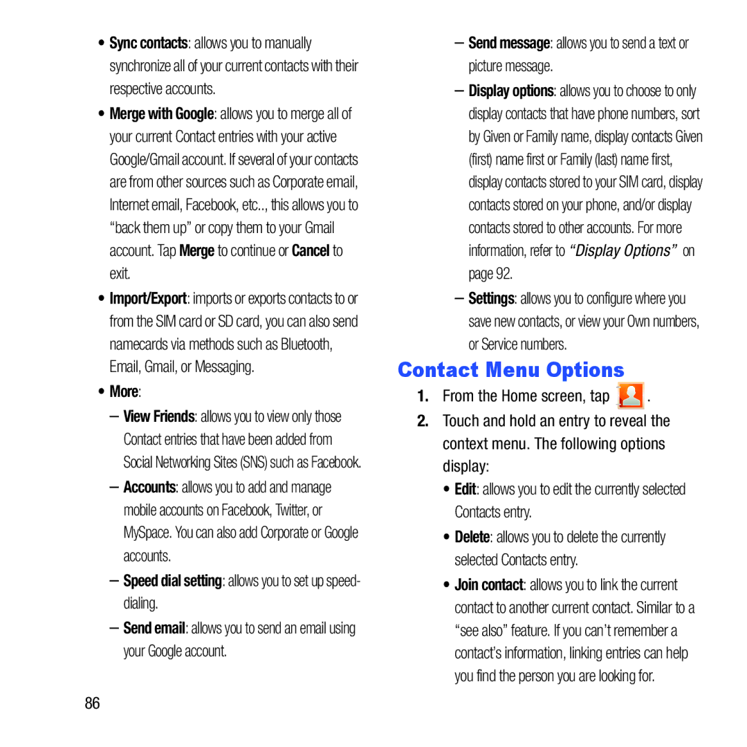 Samsung GH68-37463A user manual Contact Menu Options, More, Speed dial setting allows you to set up speed- dialing 