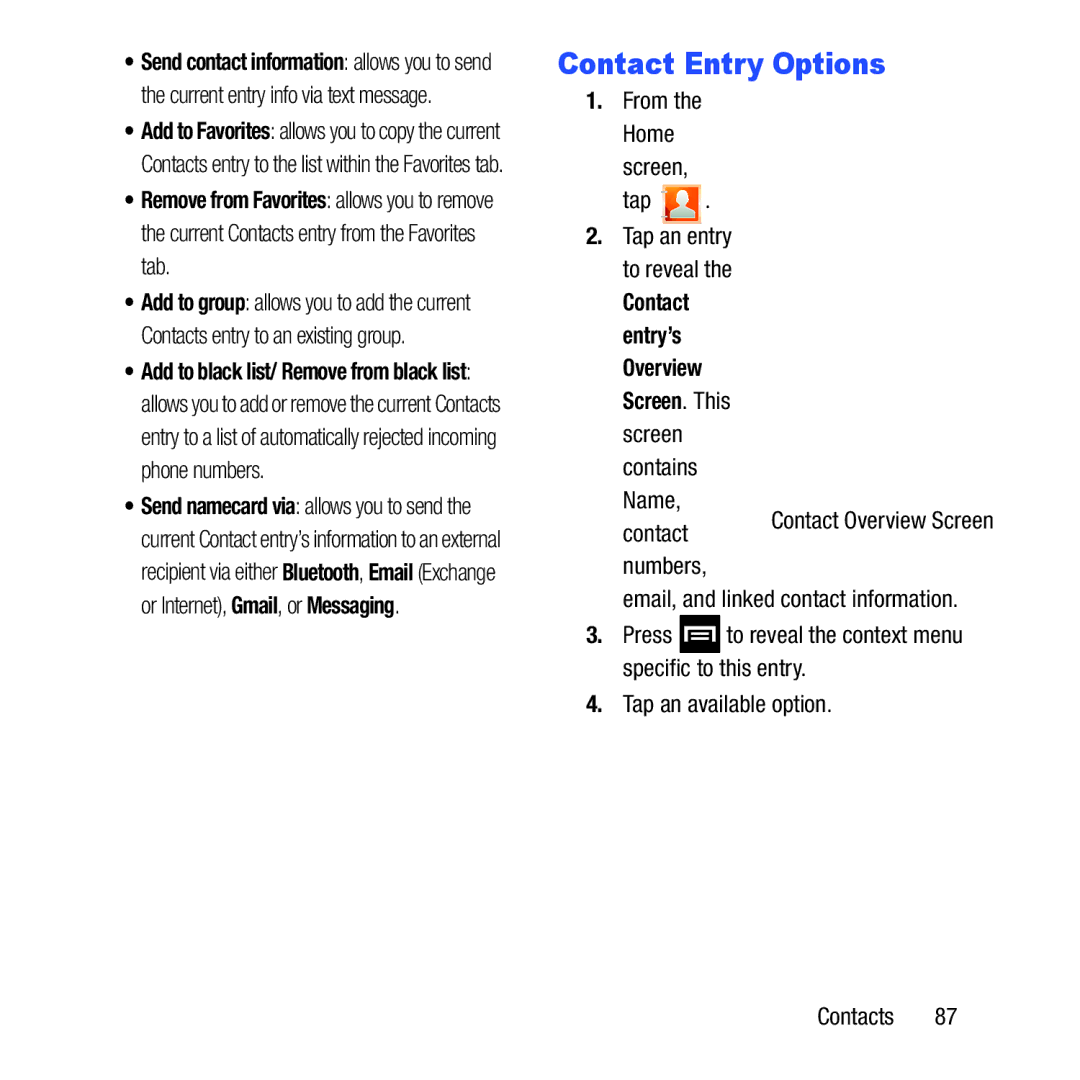 Samsung GH68-37463A user manual Contact Entry Options, Screen Tap 