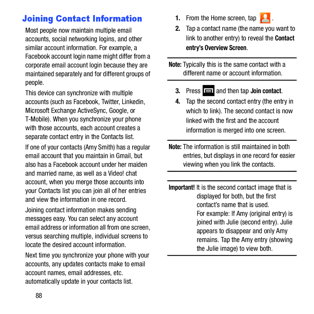 Samsung GH68-37463A user manual Joining Contact Information, Press and then tap Join contact 