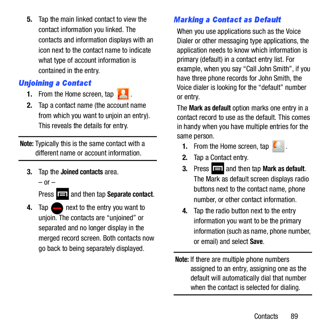 Samsung GH68-37463A user manual Unjoining a Contact, Marking a Contact as Default, Tap the Joined contacts area 