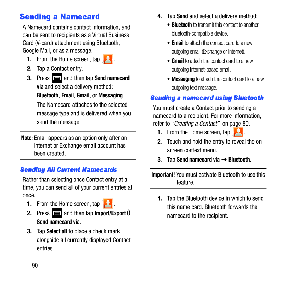 Samsung GH68-37463A user manual Sending a Namecard, Sending All Current Namecards, Sending a namecard using Bluetooth 