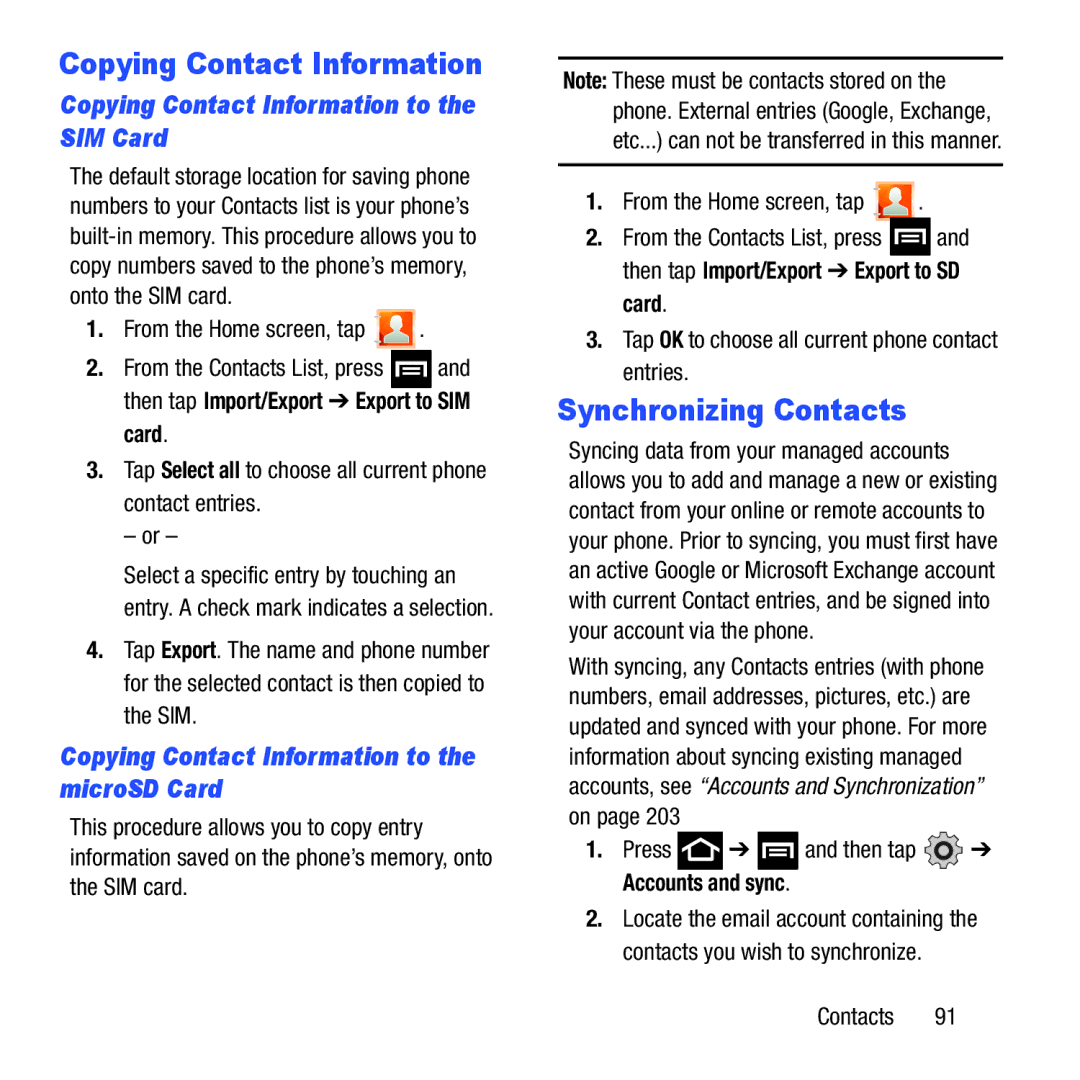 Samsung GH68-37463A user manual Synchronizing Contacts, Copying Contact Information to the SIM Card 