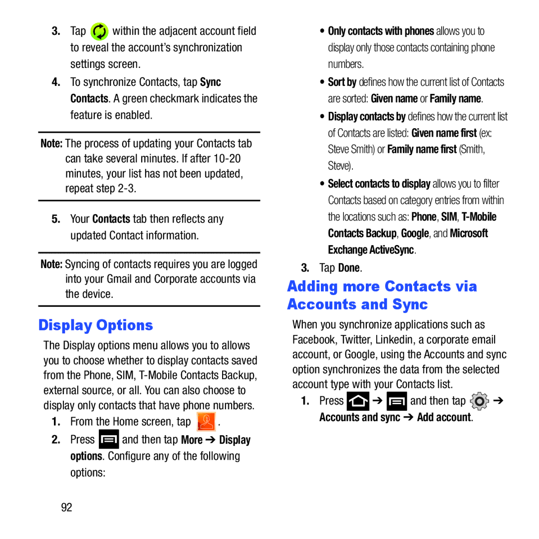 Samsung GH68-37463A user manual Display Options, Adding more Contacts via Accounts and Sync, Settings screen, Tap Done 