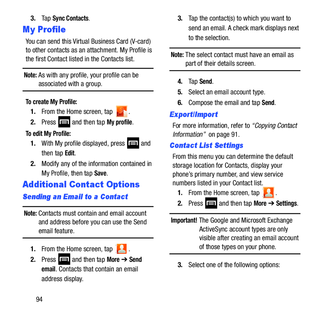 Samsung GH68-37463A user manual My Profile, Additional Contact Options, Sending an Email to a Contact, Export/Import 