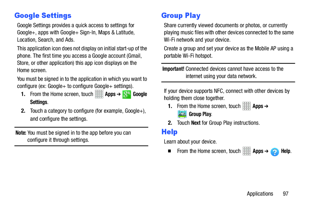 Samsung GH68-38773F user manual Google Settings, Touch Next for Group Play instructions, Learn about your device 