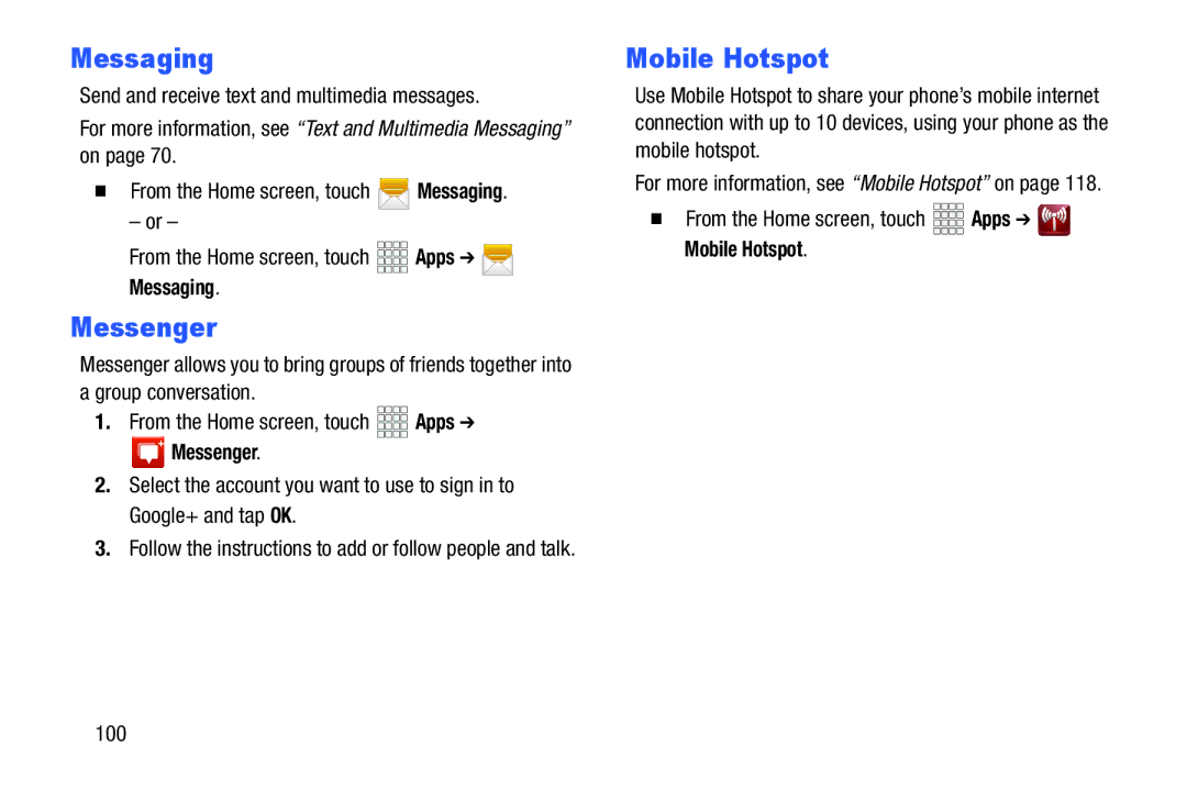 Samsung GH68-38773F user manual Messaging, Messenger,  From the Home screen, touch Apps Mobile Hotspot 100 