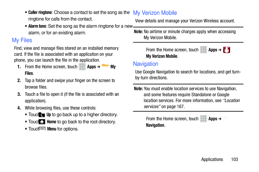 Samsung GH68-38773F user manual My Files, Navigation,  From the Home screen, touch Apps My Verizon Mobile 