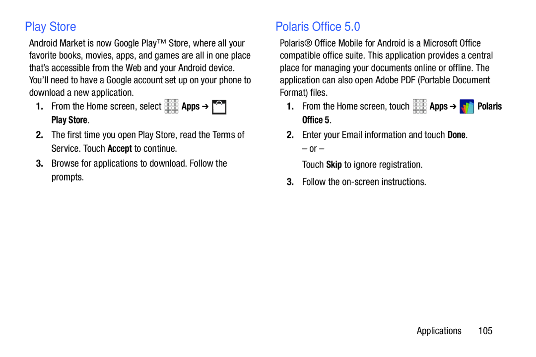 Samsung GH68-38773F user manual Polaris Office, From the Home screen, select Apps Play Store 