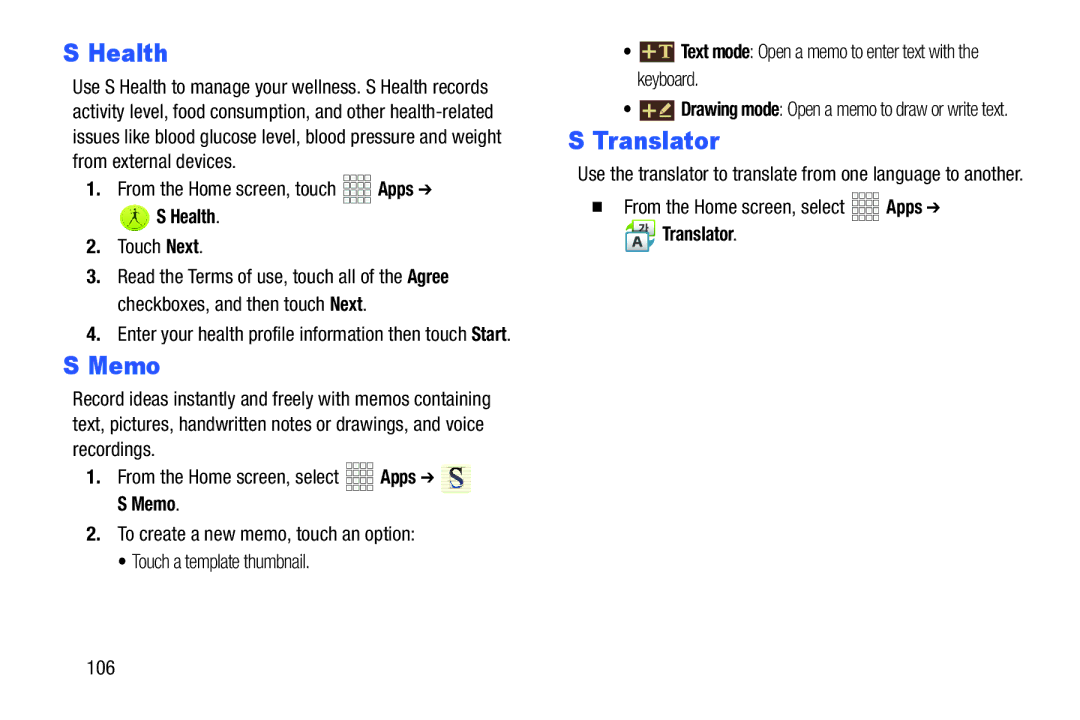 Samsung GH68-38773F user manual Health, Memo, Translator 