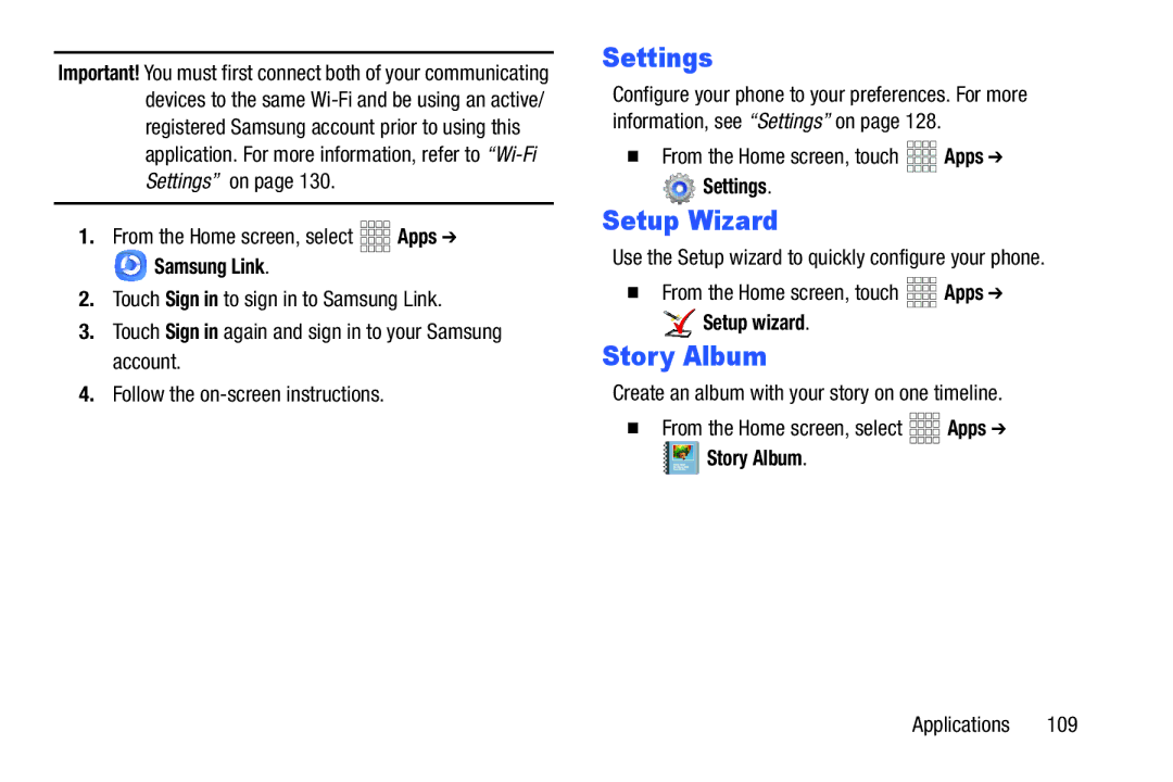 Samsung GH68-38773F user manual Settings, Story Album, Samsung Link 