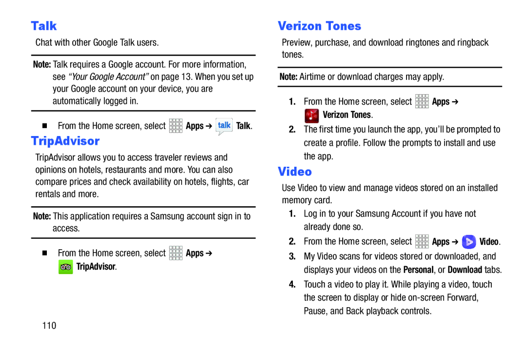 Samsung GH68-38773F user manual Talk, TripAdvisor, Verizon Tones, Video 