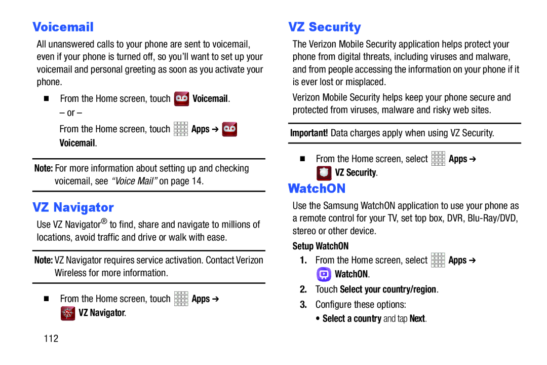 Samsung GH68-38773F user manual VZ Navigator, VZ Security, WatchON 