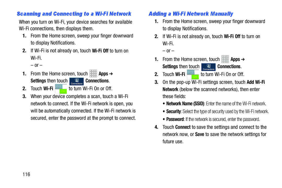 Samsung GH68-38773F user manual Adding a Wi-Fi Network Manually, Touch Wi-Fi to turn Wi-Fi On or Off 