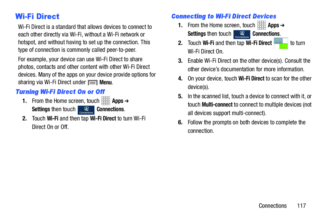 Samsung GH68-38773F user manual Turning Wi-Fi Direct On or Off, Connecting to Wi-Fi Direct Devices 