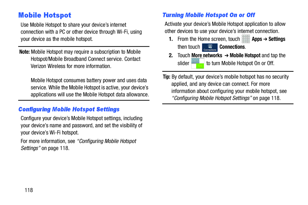 Samsung GH68-38773F Configuring Mobile Hotspot Settings, Turning Mobile Hotspot On or Off, Then touch Connections, 118 