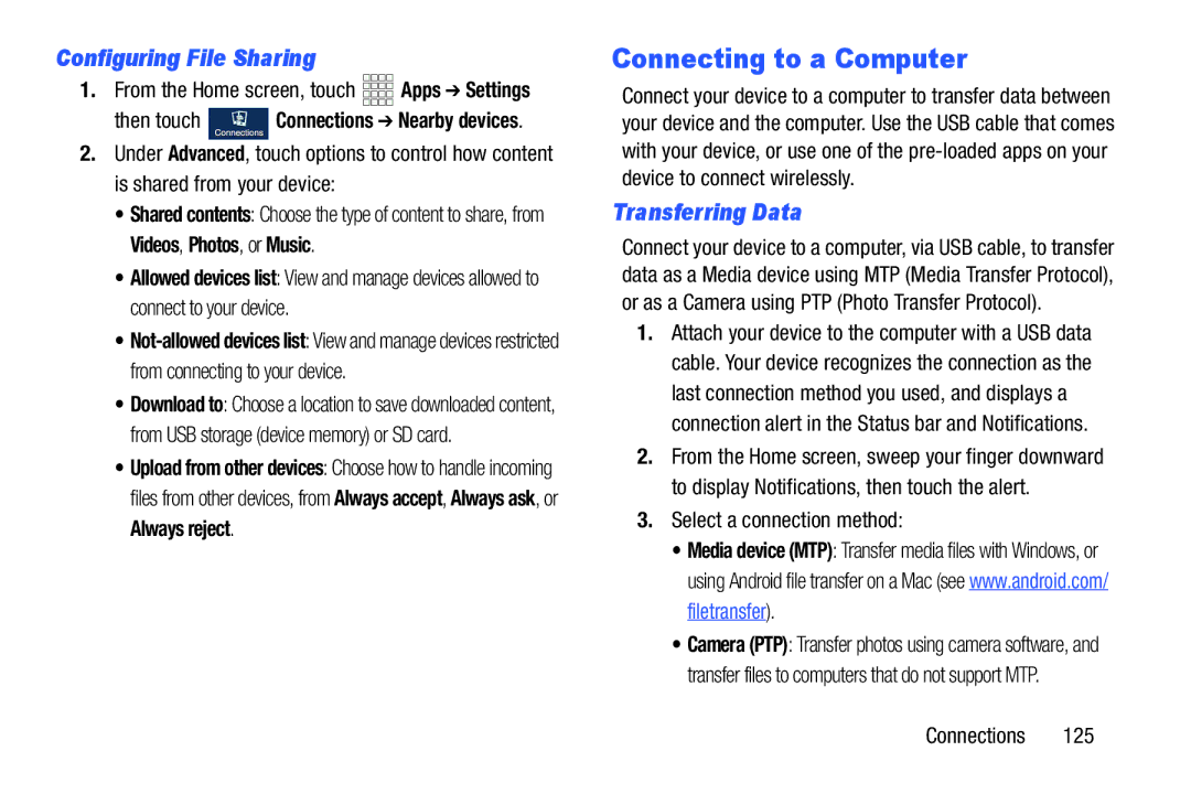 Samsung GH68-38773F Connecting to a Computer, Configuring File Sharing, Transferring Data, Select a connection method 