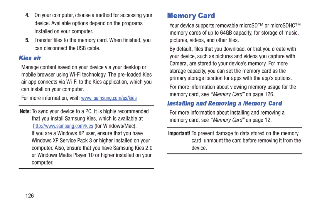 Samsung GH68-38773F user manual Kies air, Installing and Removing a Memory Card 