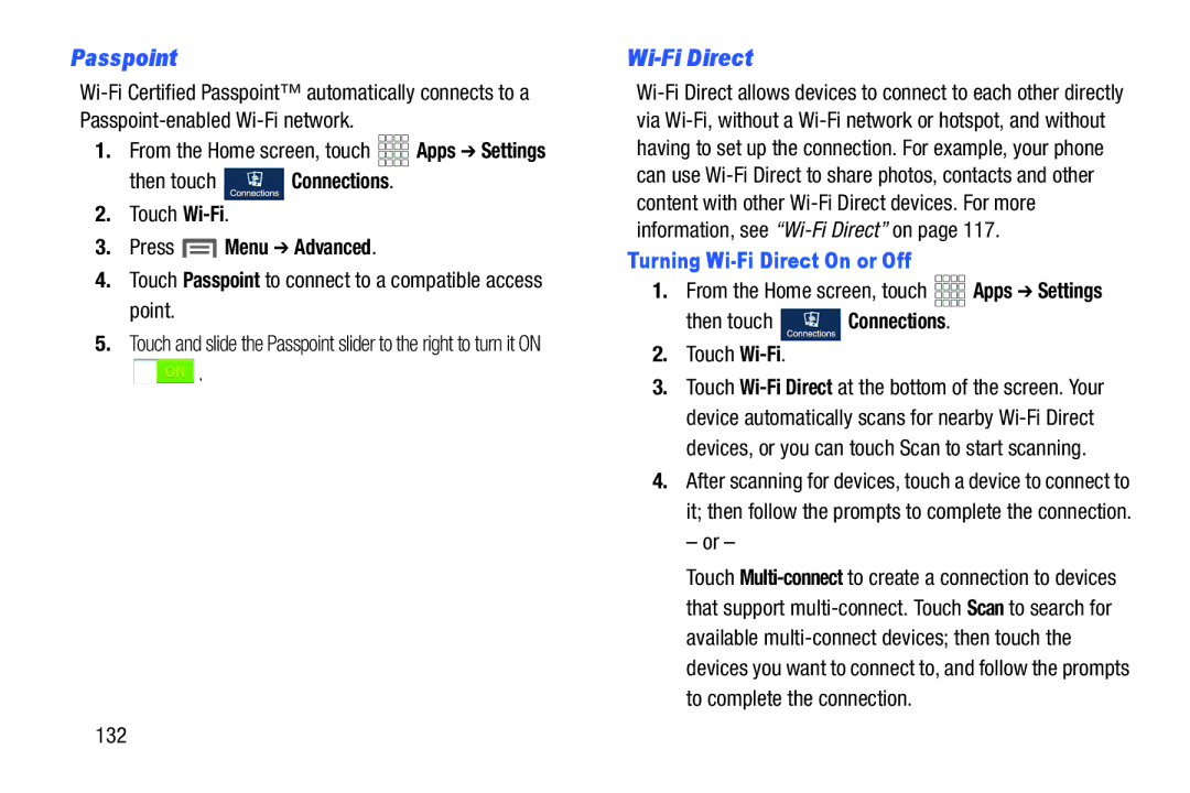 Samsung GH68-38773F user manual Passpoint, Press Menu Advanced, Turning Wi-Fi Direct On or Off 