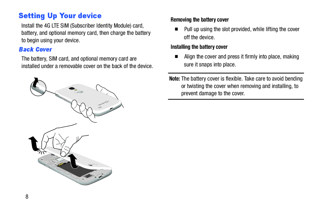 Samsung GH68-38773F Setting Up Your device, Back Cover, Removing the battery cover, Installing the battery cover 