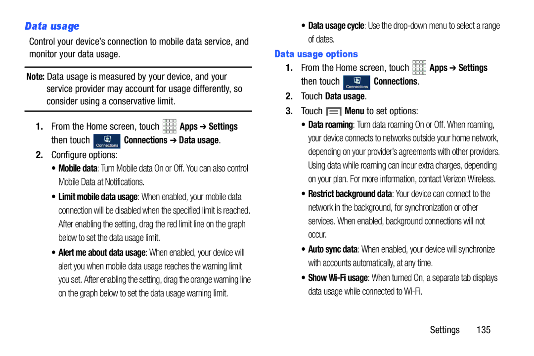 Samsung GH68-38773F Then touch Connections Data usage, Data usage options, Touch Data usage, Touch Menu to set options 