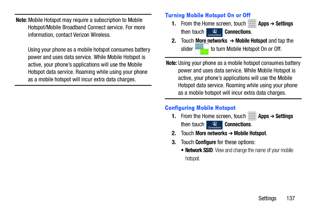 Samsung GH68-38773F user manual Turning Mobile Hotspot On or Off, Configuring Mobile Hotspot 