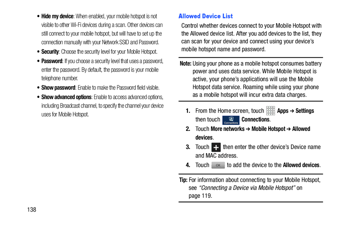 Samsung GH68-38773F user manual Allowed Device List, Touch More networks Mobile Hotspot Allowed devices, 138 