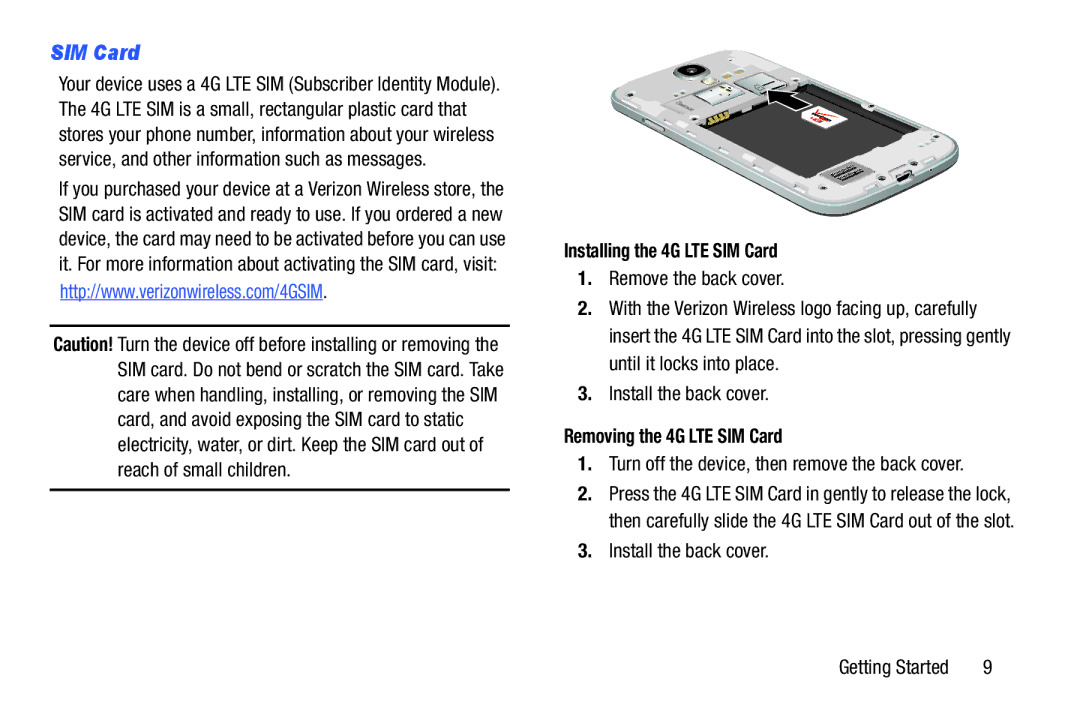 Samsung GH68-38773F user manual Installing the 4G LTE SIM Card, Removing the 4G LTE SIM Card 