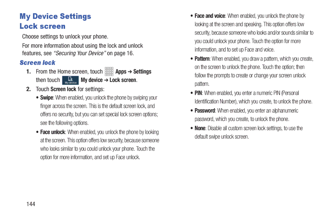 Samsung GH68-38773F user manual My Device Settings Lock screen, Screen lock, Then touch My device My device Lock screen 