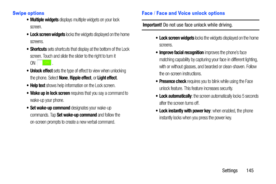 Samsung GH68-38773F Swipe options, Face / Face and Voice unlock options, Important! Do not use face unlock while driving 