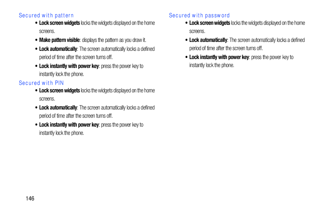 Samsung GH68-38773F user manual Secured with pattern, Secured with PIN, Secured with password, 146 
