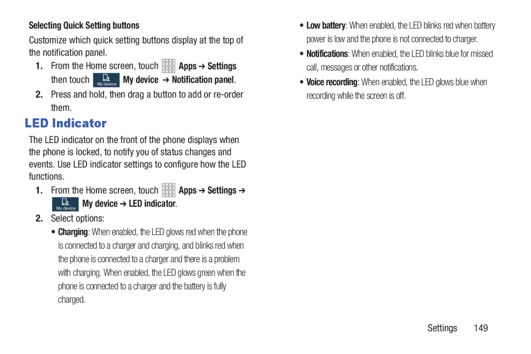 Samsung GH68-38773F Selecting Quick Setting buttons, Then touch My device My device Notification panel, Select options 