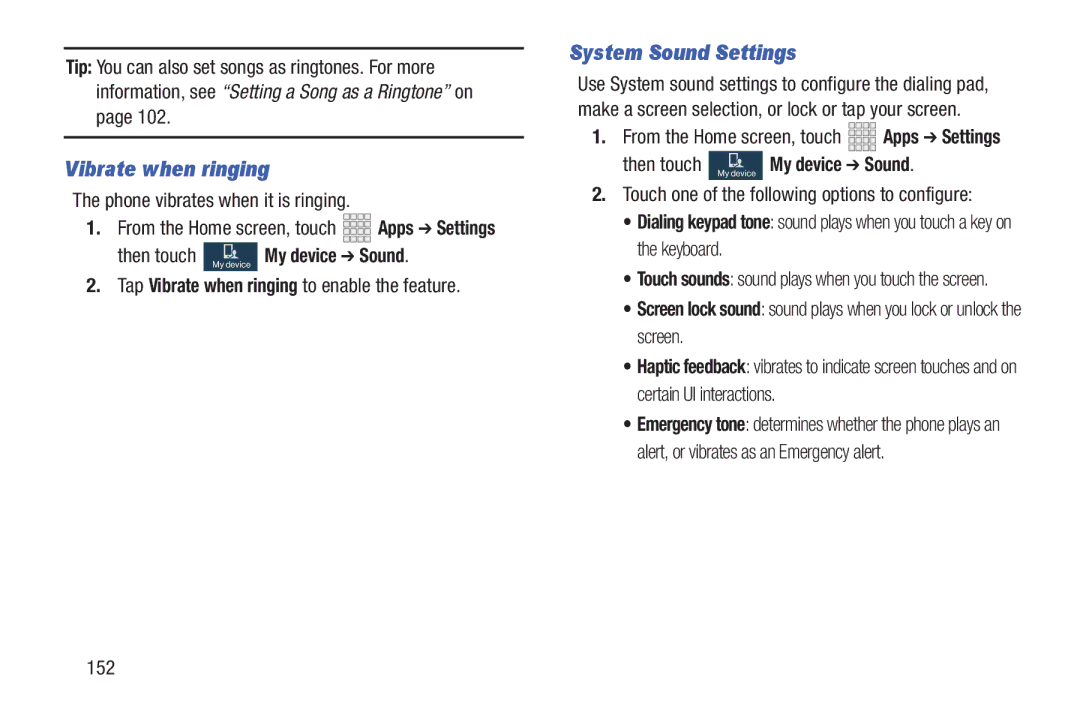 Samsung GH68-38773F user manual Vibrate when ringing, System Sound Settings, Then touch My device My device Sound 