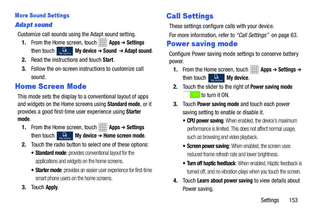 Samsung GH68-38773F user manual Home Screen Mode, Power saving mode, Adapt sound, More Sound Settings 