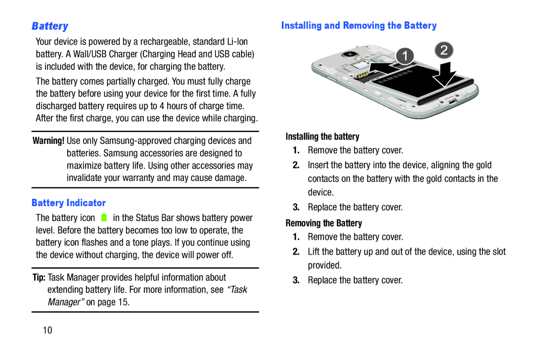 Samsung GH68-38773F user manual Battery Indicator, Installing and Removing the Battery, Installing the battery 