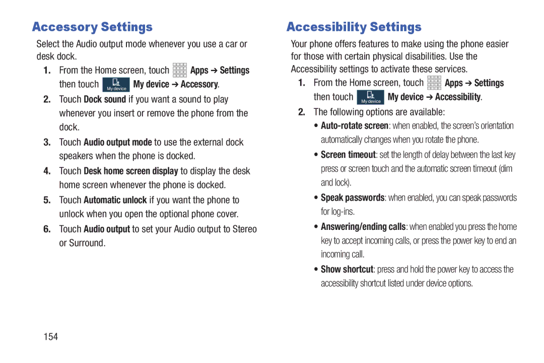 Samsung GH68-38773F Accessory Settings, Accessibility Settings, Then touch My device My device Accessibility, 154 