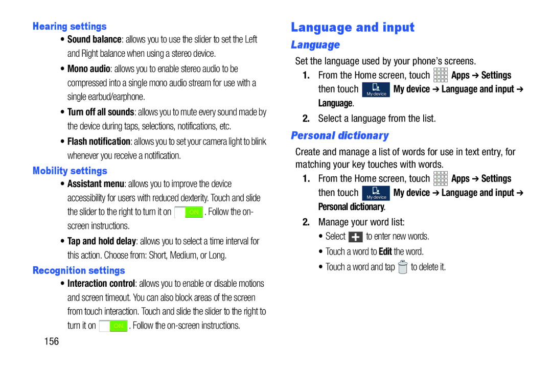 Samsung GH68-38773F user manual Language and input, Personal dictionary 