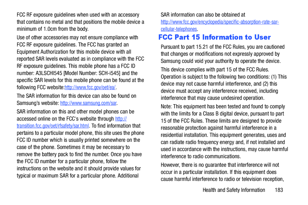 Samsung GH68-38773F user manual FCC Part 15 Information to User, SAR information can also be obtained at, 183 