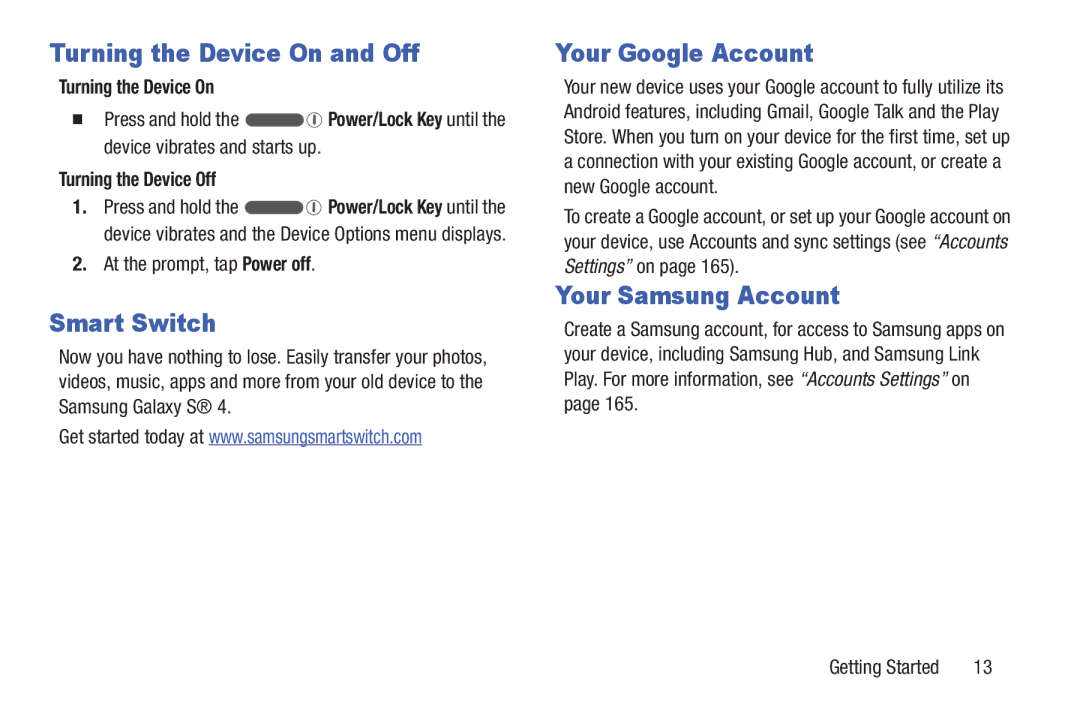 Samsung GH68-38773F user manual Turning the Device On and Off, Smart Switch, Your Google Account, Your Samsung Account 