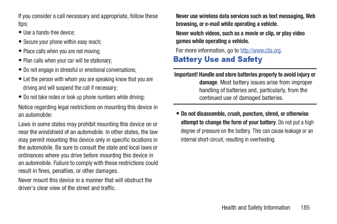 Samsung GH68-38773F user manual Battery Use and Safety, 185 