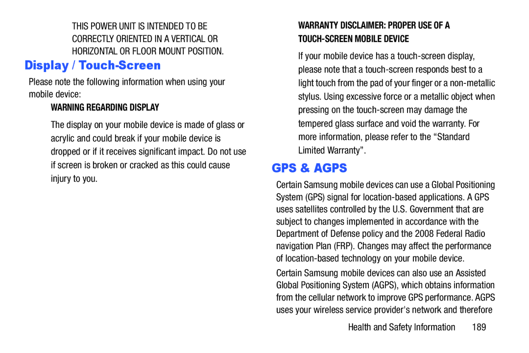 Samsung GH68-38773F user manual Display / Touch-Screen, GPS & Agps 